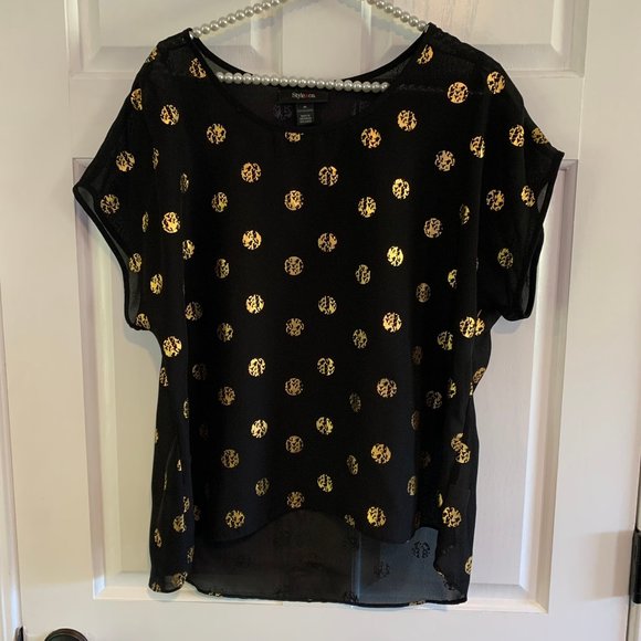 Style & Co. Tops - Style & Co Gold Foil Polka Dot Black Sheer Short Sleeve Blouse Size M